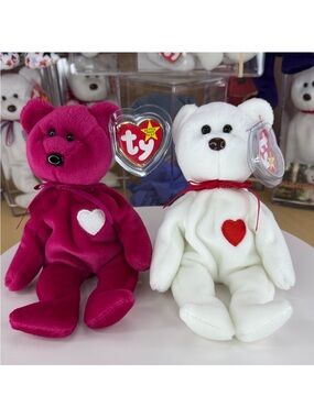 Ty Plush Bear Duo - Hot Pink & White Heart Bears